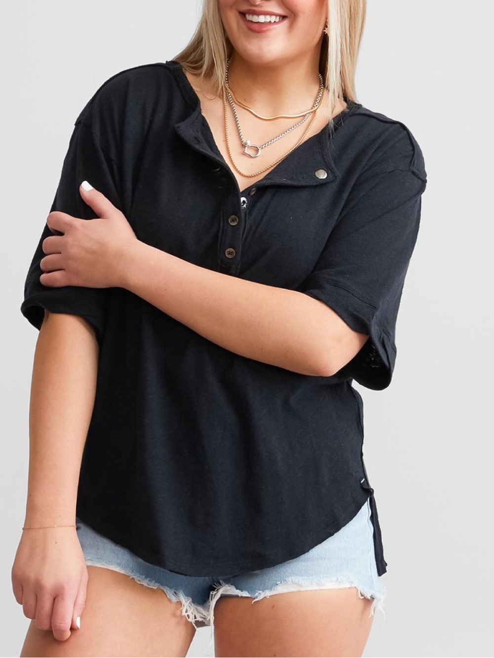 Free People We the Free Maribel Black Linen Cotton Short Sleeve Henley M